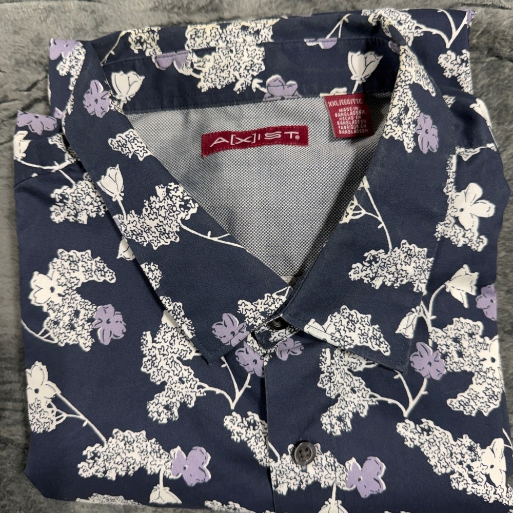 Axist Floral Button Down Shirt Mens XXL Navy Blue Lilac Short Sleeve PR6333